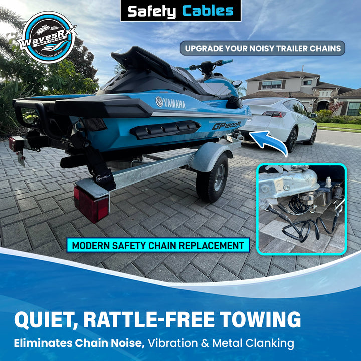 Yamaha jet ski on a trailer with safety cables being advertised for quiet, rattle-free towing.