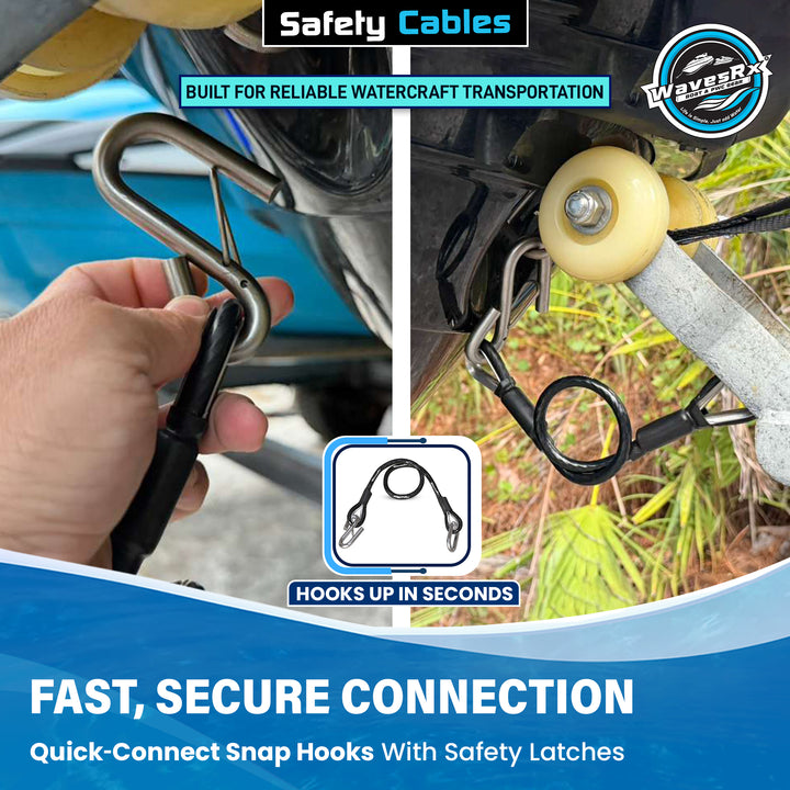Safety cables for watercraft transportation with quick-connect snap hooks and safety latches.