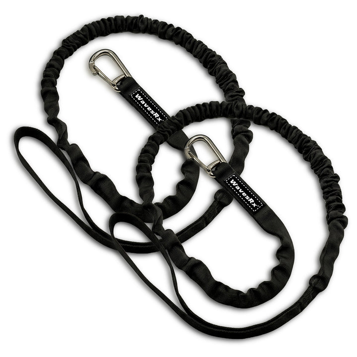 Black dog leash with bungee and carabiner on a white background