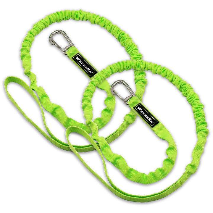 Green dog leashes with carabiners on a white background