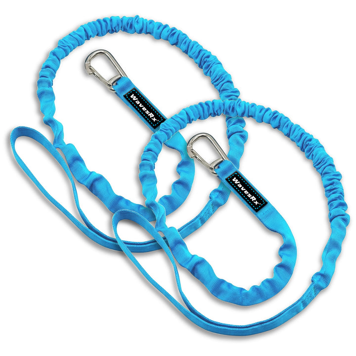 Blue dog leash with carabiner on a white background