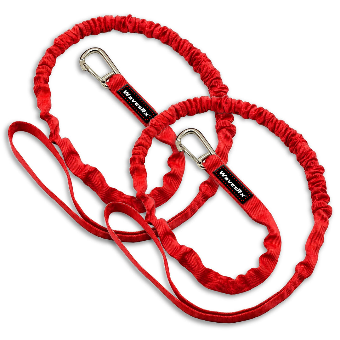 Red dog leash with carabiner on a white background