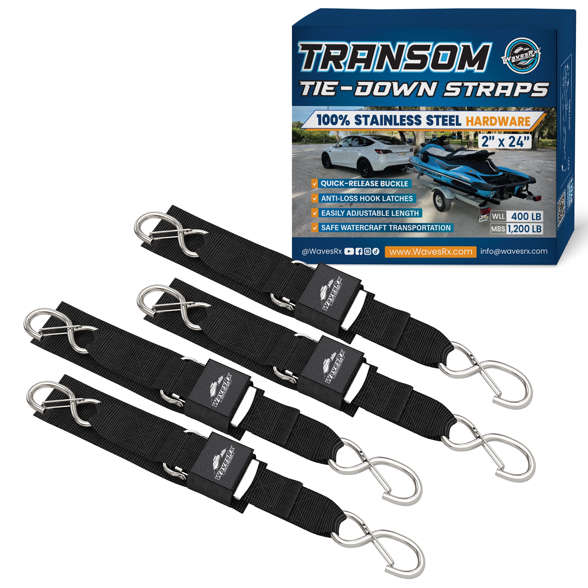 2-Pack Boat Trailer Retractable Transom Tie Down Straps, 2