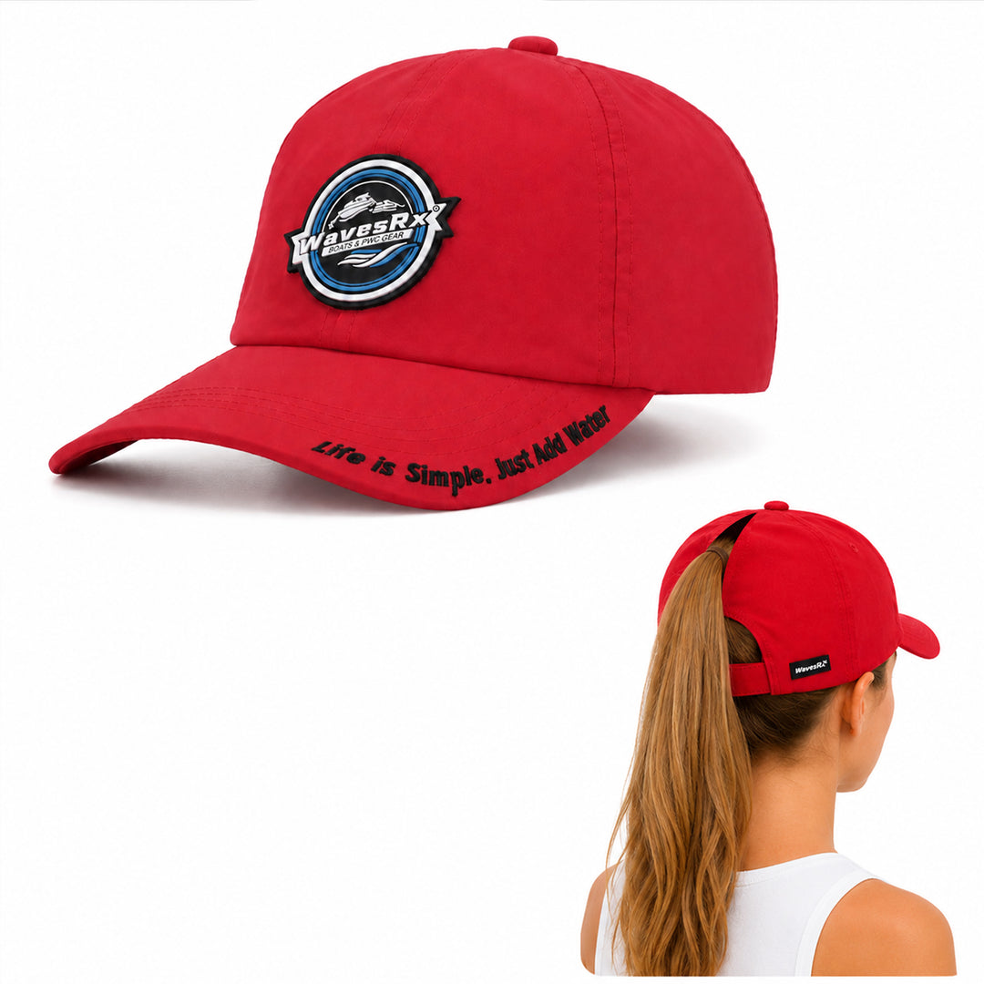 Red baseball cap shown from the front and back on a model. The front features a circular embroidered logo with the word 'EVEREX' and the phrase 'Life is Simple.