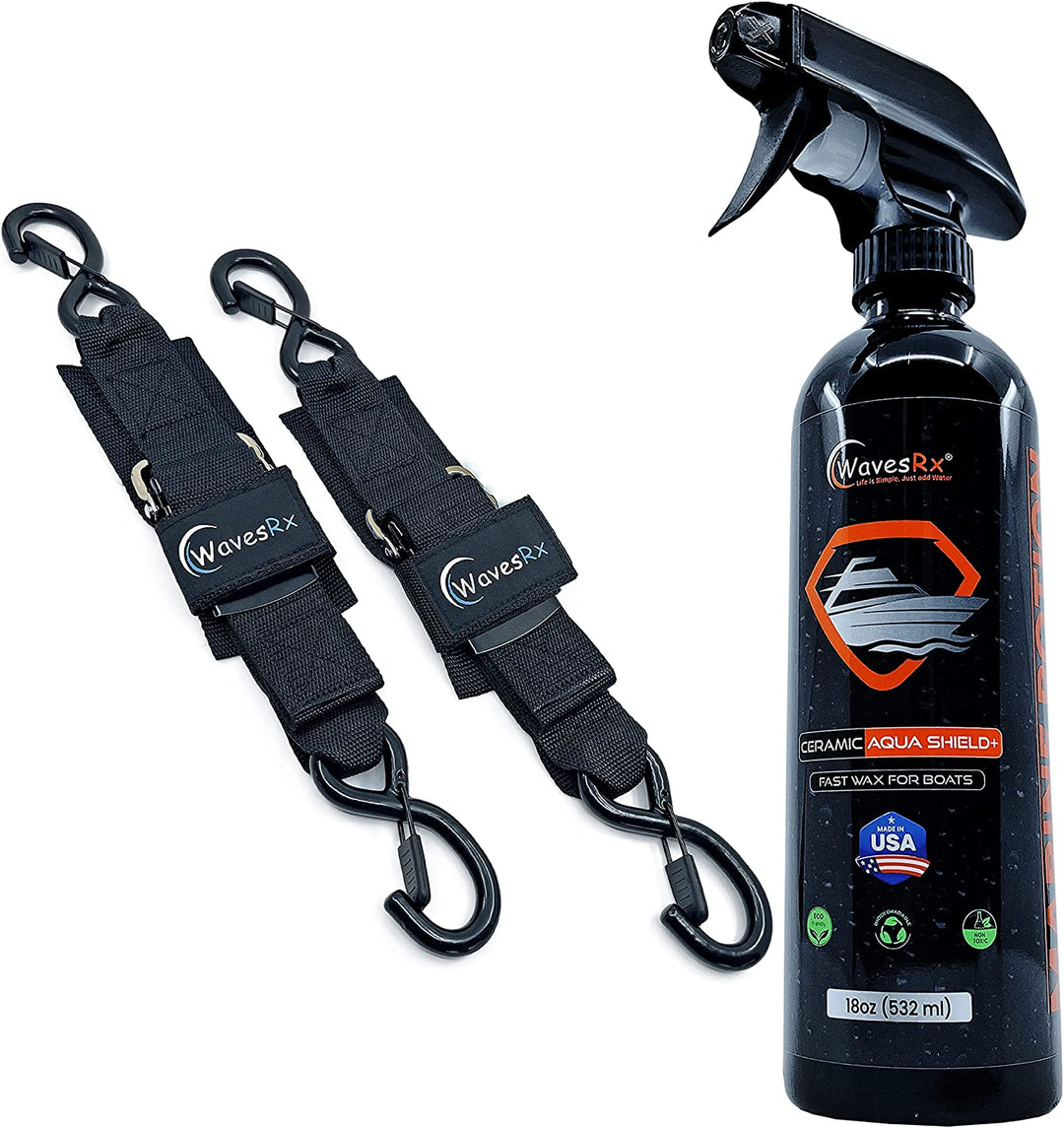 WAVESRX 24" JET SKI TIE-DOWN STRAPS (2PK) + CERAMIC SEALANT SPRAY WAX (AQUASHIELD) I SECURE RETRIEVAL AND TRANSPORTATION OF YOUR PWC + ULTRA SLICK HYDROPHOBIC COATING WITH SILICON DIOXIDE (SIO2)