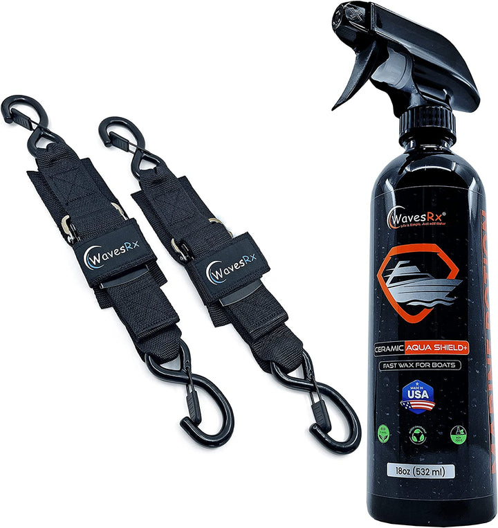 WAVESRX 24" JET SKI TIE-DOWN STRAPS (2PK) + CERAMIC SEALANT SPRAY WAX (AQUASHIELD) I SECURE RETRIEVAL AND TRANSPORTATION OF YOUR PWC + ULTRA SLICK HYDROPHOBIC COATING WITH SILICON DIOXIDE (SIO2)