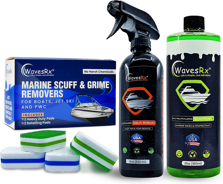 WAVESRX MARINE SCUFF ERASERS + CERAMIC SEALANT SPRAY WAX (AQUASHIELD) + SALT NEUTRALIZING BOAT WASH (EPICWASH) I HYDROPHOBIC SHIELD WITH SILICON DIOXIDE (SIO2) + HIGH GLOSS POLISH FOR BOAT & JET SKI