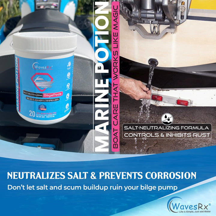 WAVESRX MARINE ENGINE FLUSH & PROTECTANT (EPICFLUSH) + SALT-NEUTRALIZING BILGE CLEANER (BILGEPODS) | BOAT ENGINE CLEANER & PROTECTOR - REMOVES SALT & RUST I WATER-ACTIVATED BILGE CLEANING AS YOU RIDE