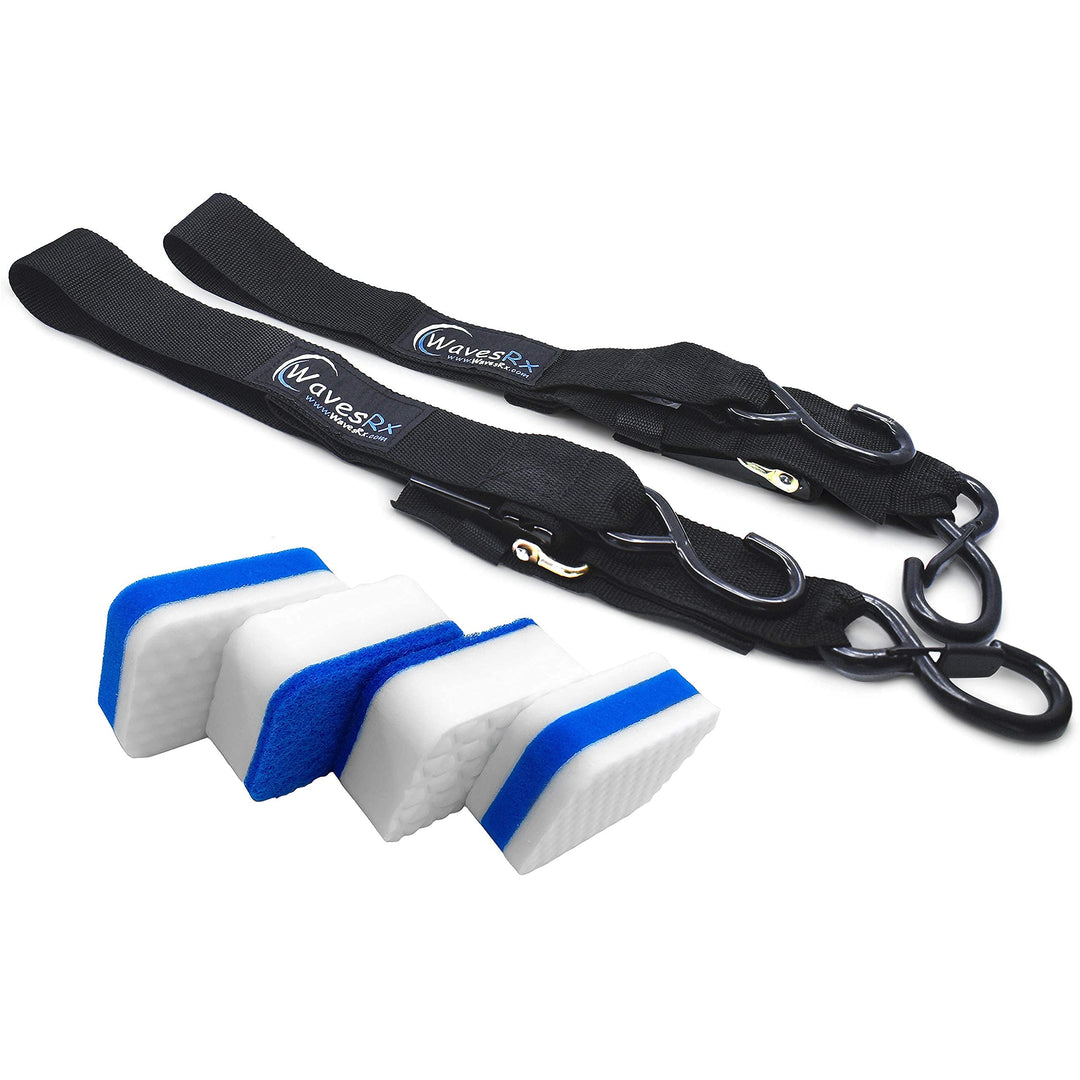 WAVESRX BOAT TRAILER TRANSOM TIE-DOWNS + MARINE SCUFF & GRIME ERASER PADS (VALUE BUNDLE) | 24" ADJUSTABLE QUICK RELEASE STRAPS + MAGIC CLEANING & POLISHING SPONGES | PERFECT FOR BOATS & JET SKIS