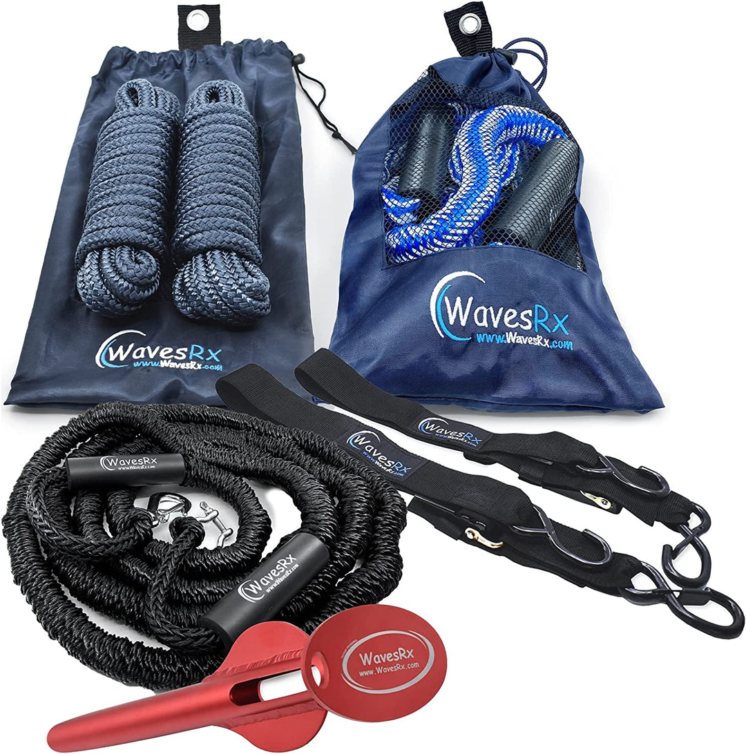 WAVESRX ULTIMATE JET SKI & PWC BUNDLE | ALUMINUM SPIKE BEACH ANCHOR 12'' + 3/8X15' DOCK LINES (2PK) + 24" TRANSOM TIE-DOWN STRAPS (2PK) + ANCHORMATE BUNGEE LINE 14' + DOCKINGPAL BUNGEE ROPES (2PK)