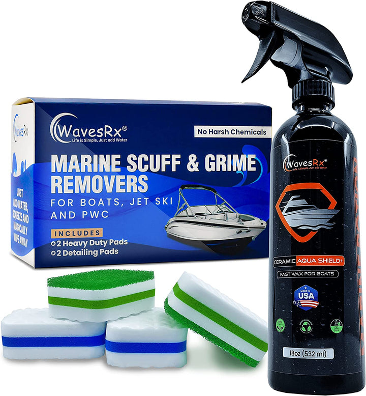 WAVESRX BOAT & JET SKI MARINE SCUFF & GRIME ERASER PADS + AQUASHIELD+ CERAMIC SEALANT FAST WAX SPRAY I ULTRA SLICK HYDROPHOBIC SHIELD WITH SILICON DIOXIDE (SIO2) I HIGH GLOSS POLISH FOR BOAT & JET SKI