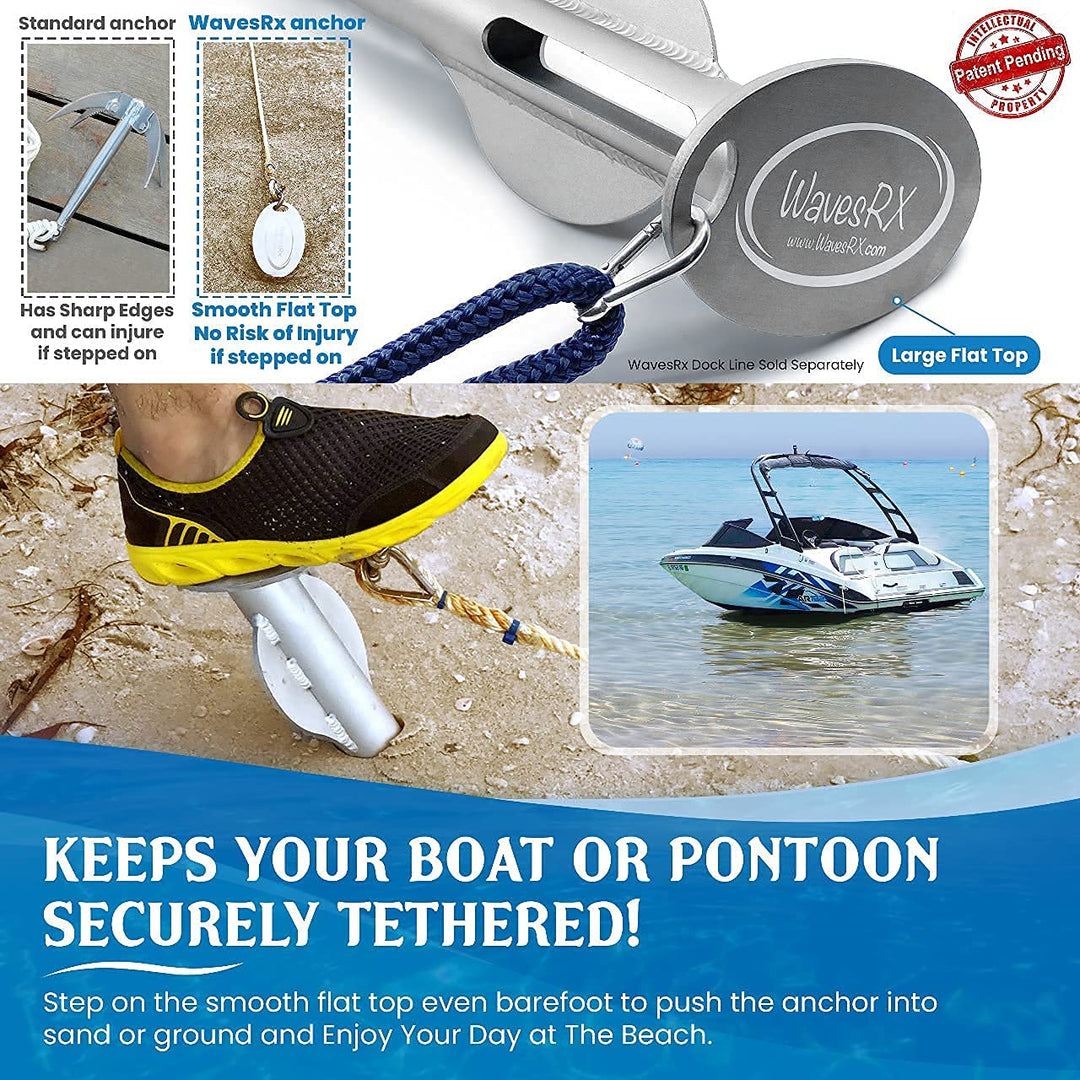 WAVESRX BUNGEE LINE (14' - 50') + ALUMINUM SAND ANCHOR + PREMIUM BOAT DOCK LINE ⅜” X 15’ (VALUE BUNDLE) | SECURELY ANCHOR YOUR BOAT OR JET SKI IN SHALLOW WATER NEAR BEACH OR SANDBAR