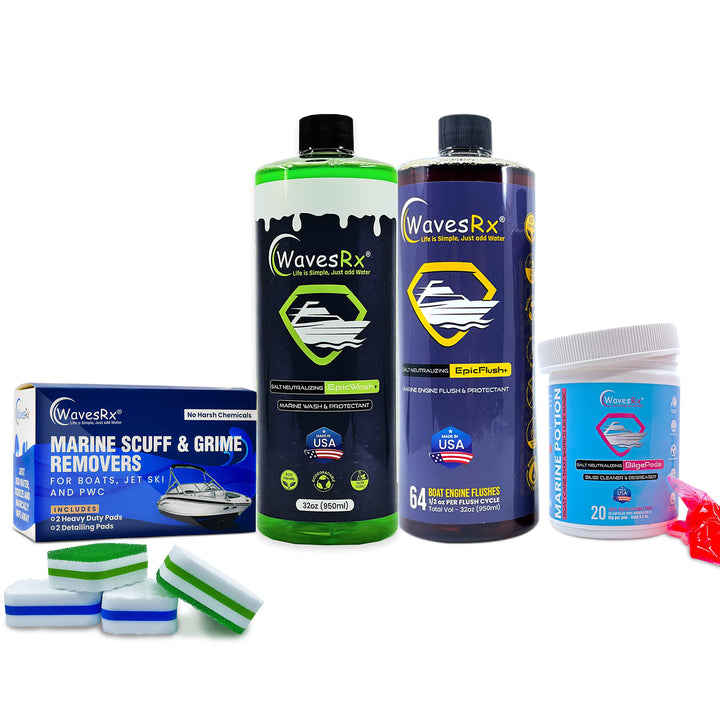 WAVESRX BOAT SCUFF & GRIME ERASERS + SALT-NEUTRALIZING BOAT WASH (EPICWASH) + MARINE ENGINE FLUSH & PROTECTANT (EPICFLUSH) + SALTWATER ACTIVATED BILGEPODS | KEEP YOUR WATERCRAFT CLEAN & CORROSION-FREE