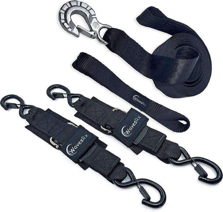 WAVESRX 24" Jet Ski Straps (2PK) + 2" x12' Winch Strap with SS Hook l 24" Marine Tie Downs - Adjustable via Quick Release Buckle + Safe & Secure Retrieval, Launching & Transporting of Your PWC