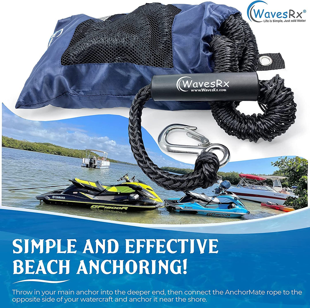 WavesRx 12'' Aluminum Spike Beach Anchor + AnchorMate Bungee Line (7'-25') | Keeps Jet Ski or Dinghy Safely Anchored Near Beach or Sandbar | Elastic Anchoring Rope Prevents PWC Anchor from Dislocating