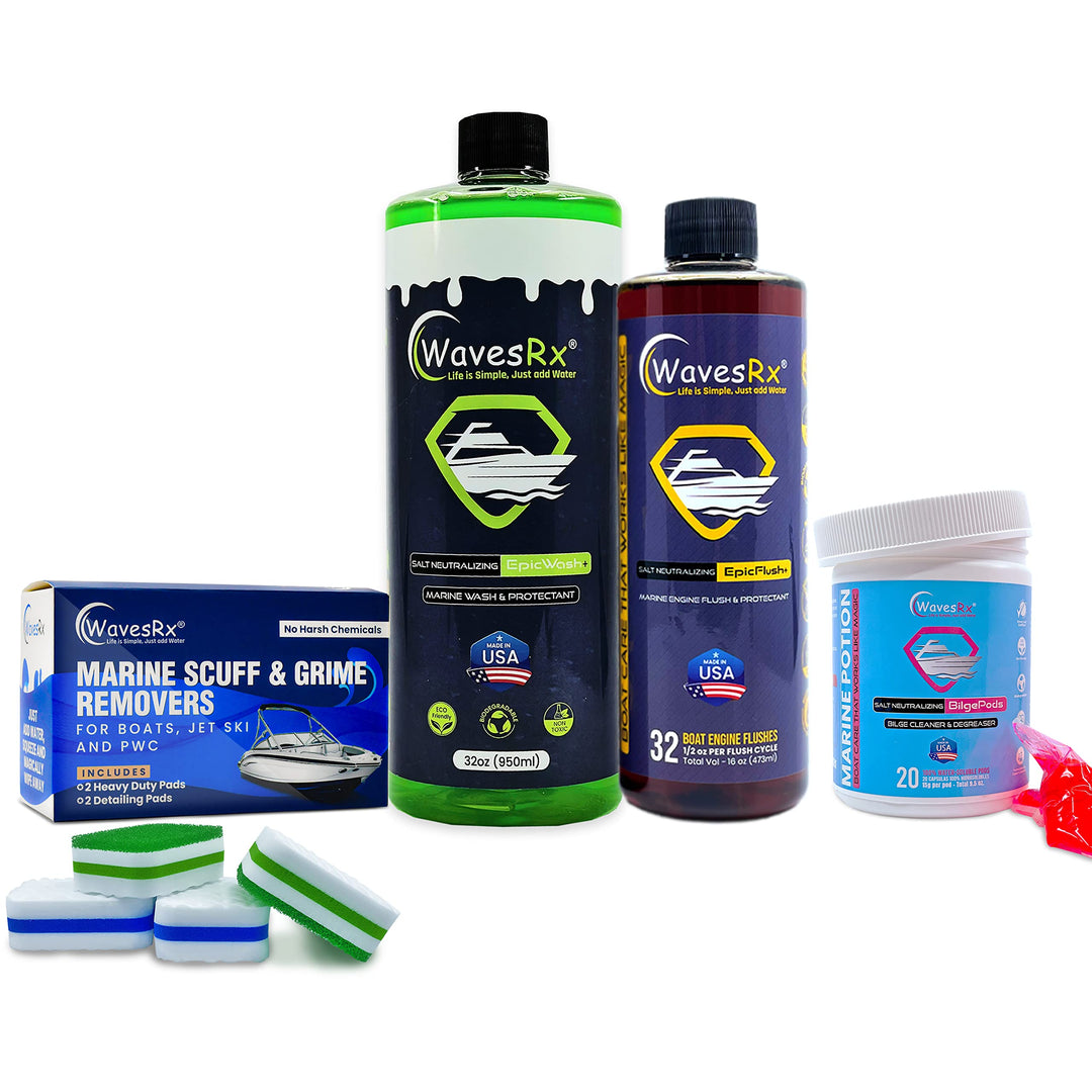 WAVESRX BOAT SCUFF & GRIME ERASERS + SALT-NEUTRALIZING BOAT WASH (EPICWASH) + MARINE ENGINE FLUSH & PROTECTANT (EPICFLUSH) + SALTWATER ACTIVATED BILGEPODS | KEEP YOUR WATERCRAFT CLEAN & CORROSION-FREE