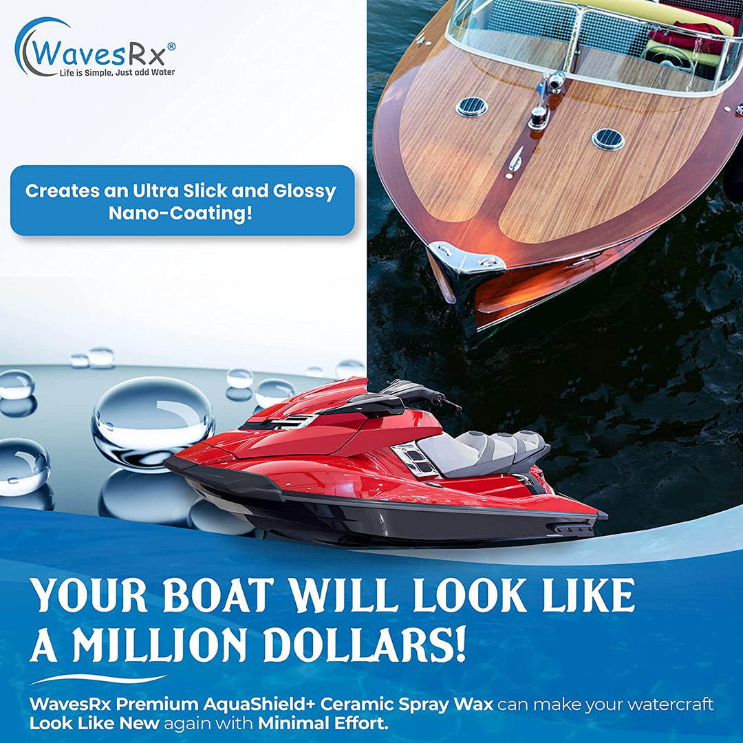 WAVESRX BOAT & JET SKI MARINE SCUFF & GRIME ERASER PADS + AQUASHIELD+ CERAMIC SEALANT FAST WAX SPRAY I ULTRA SLICK HYDROPHOBIC SHIELD WITH SILICON DIOXIDE (SIO2) I HIGH GLOSS POLISH FOR BOAT & JET SKI