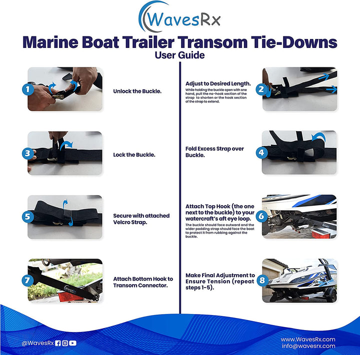 WAVESRX Jet Ski Trailer Transom Straps 24" (2PK) + Stainless Steel Winch Hook I Made From 100% Marine Grade 316 SS I Boating Accessories for Safe & Secure Transportation of Your Jet Ski and other PWC