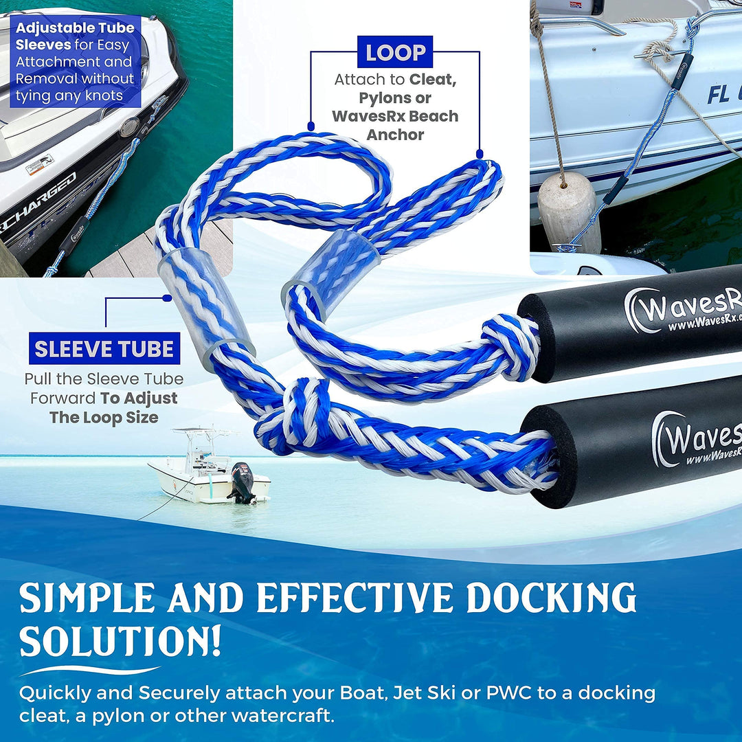 WAVESRX Anchoring & Docking Bundle | Aluminum Sand Spike Beach Anchor + Bungee Anchor Line (14' - 50') + Bungee Dock Ropes | Safe & Effective Anchoring, Docking and Tethering.