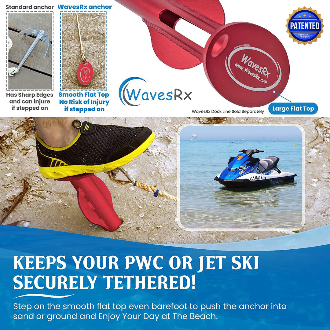 WAVESRX 12'' BEACH SPIKE ANCHOR + PWC FENDER BUMPERS | SAFER JET SKI ANCHORING & DOCKING | PATENTED WAVECOBRA ANCHOR & PATENT PENDING TRIFENDERS ARE COMPACT & EASY-TO-STORE