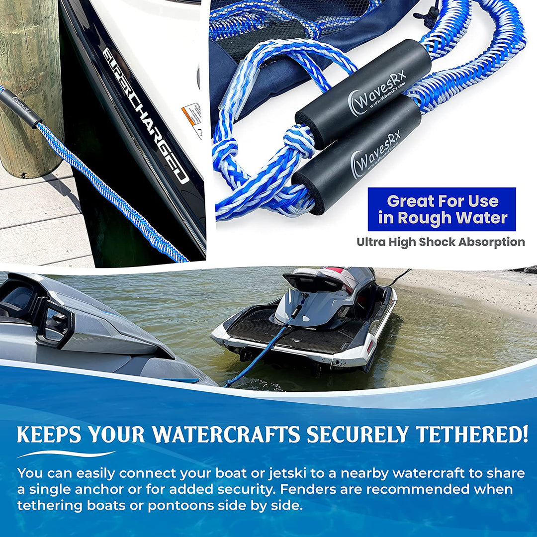 WAVESRX ULTIMATE JET SKI & PWC BUNDLE | ALUMINUM SPIKE BEACH ANCHOR 12'' + 3/8X15' DOCK LINES (2PK) + 24" TRANSOM TIE-DOWN STRAPS (2PK) + ANCHORMATE BUNGEE LINE 14' + DOCKINGPAL BUNGEE ROPES (2PK)