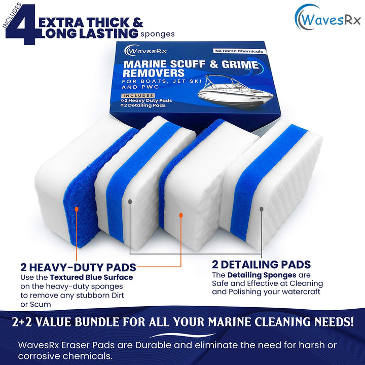 WAVESRX BOAT TRAILER TRANSOM TIE-DOWNS + MARINE SCUFF & GRIME ERASER PADS (VALUE BUNDLE) | 24" ADJUSTABLE QUICK RELEASE STRAPS + MAGIC CLEANING & POLISHING SPONGES | PERFECT FOR BOATS & JET SKIS