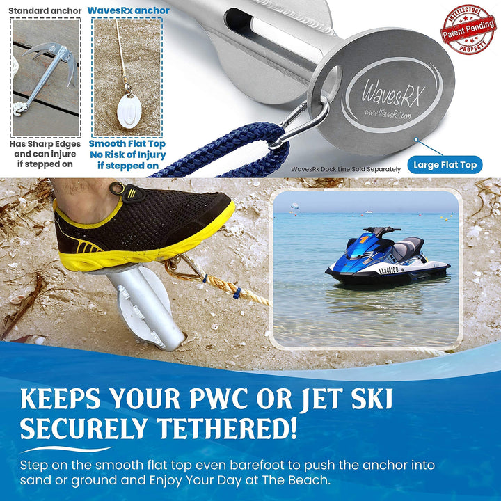 WAVESRX ANCHORING & DOCKING BUNDLE | ALUMINUM SAND SPIKE BEACH ANCHOR + BUNGEE ANCHOR LINE (14' - 50') + BUNGEE DOCK ROPES | SAFE & EFFECTIVE ANCHORING, DOCKING AND TETHERING.