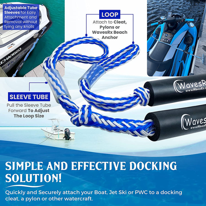 WAVESRX ULTIMATE JET SKI & PWC BUNDLE | ALUMINUM SPIKE BEACH ANCHOR 12'' + 3/8X15' DOCK LINES (2PK) + 24" TRANSOM TIE-DOWN STRAPS (2PK) + ANCHORMATE BUNGEE LINE 14' + DOCKINGPAL BUNGEE ROPES (2PK)
