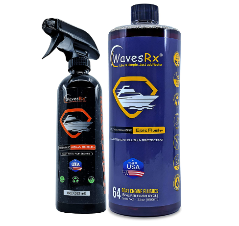 WAVESRX Ceramic Sealant Spray Wax (AquaShield) + Marine Engine Flush & Protectant (EpicFlush) 32 oz | Removes Salt & Contaminant | Add Protective Ceramic Coating to Prevent Mineral Buildup & Corrosion