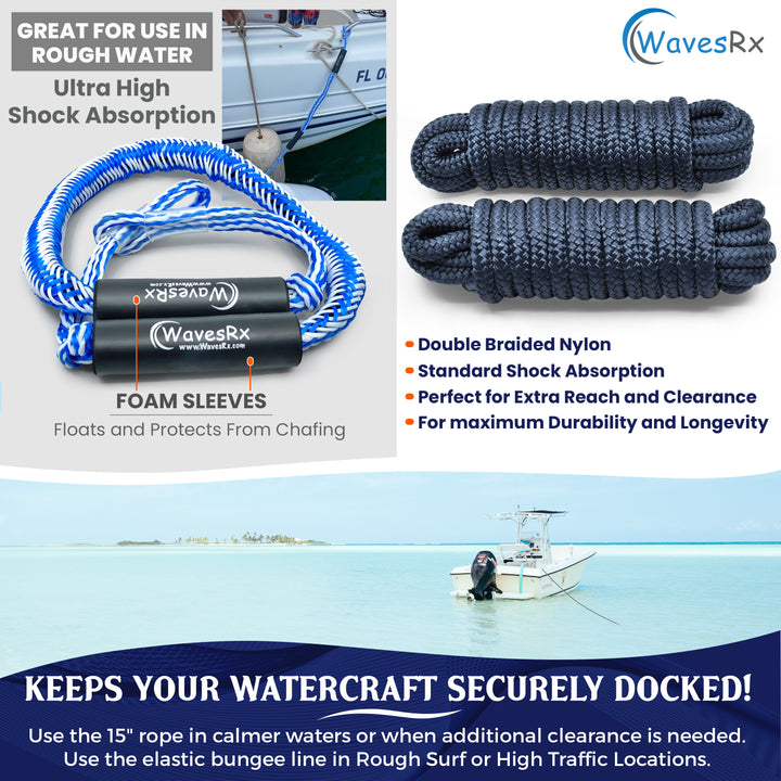 WAVESRX Premium Boat Dock Line ⅜” x 15’ (2PK) + DockingPal Bungee Line 4' - 5.5' (2PK) Value Bundle | Safer Docking for Your Boat, Jet Ski, Pontoon or PWC