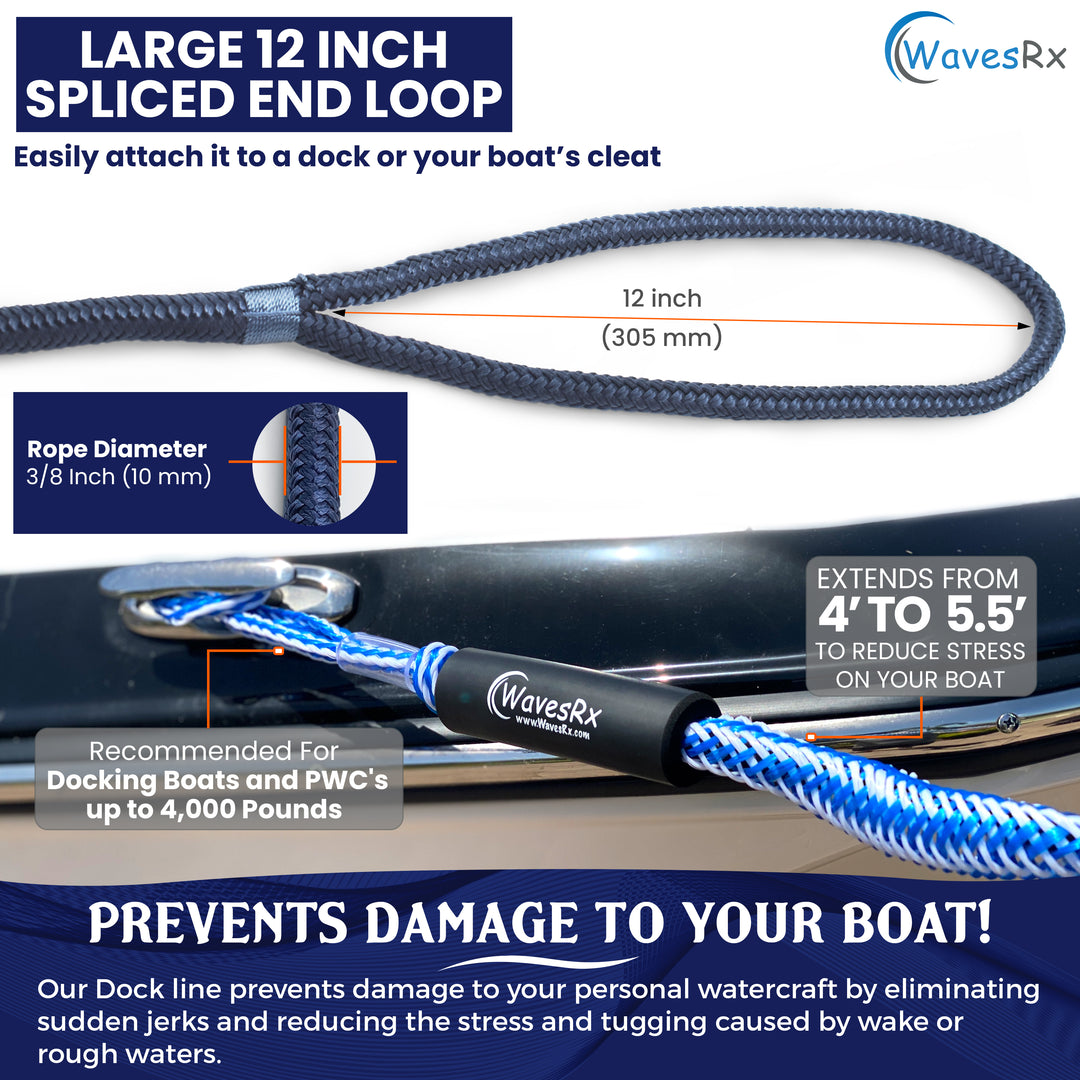 WAVESRX Premium Boat Dock Line ⅜” x 15’ (2PK) + DockingPal Bungee Line 4' - 5.5' (2PK) Value Bundle | Safer Docking for Your Boat, Jet Ski, Pontoon or PWC